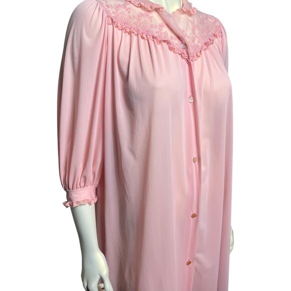Vintage Artemis Pink Sheer Nylon Robe House Coat Button Front Lace Trim 70s 80s - Picture 13 of 16